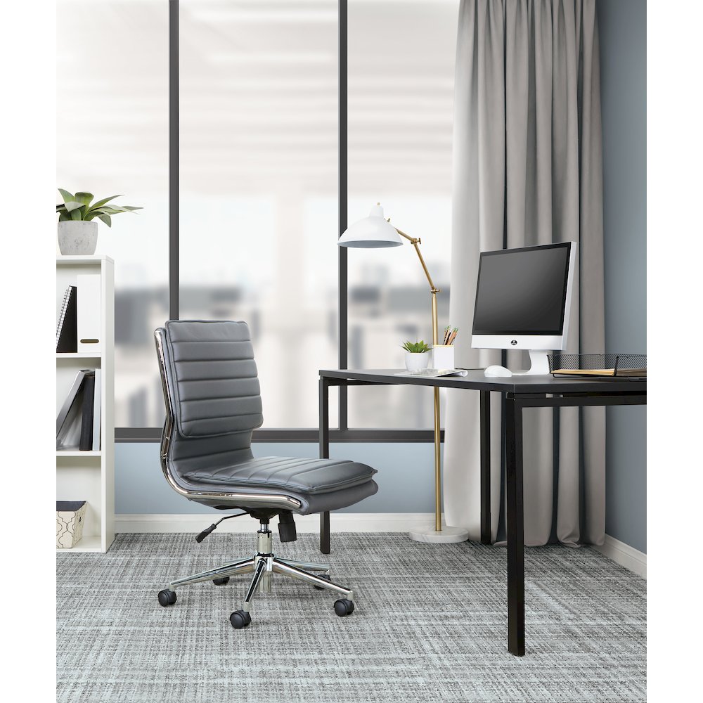 Armless Mid Back Manager's Faux Leather Chair in Charcoal with Chrome Base.. Picture 2