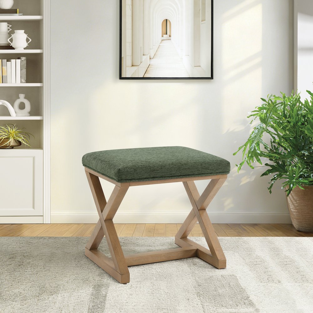 Carson X-Frame Stool in Pine Fabric and Medium Oak Finish Wood. Picture 7
