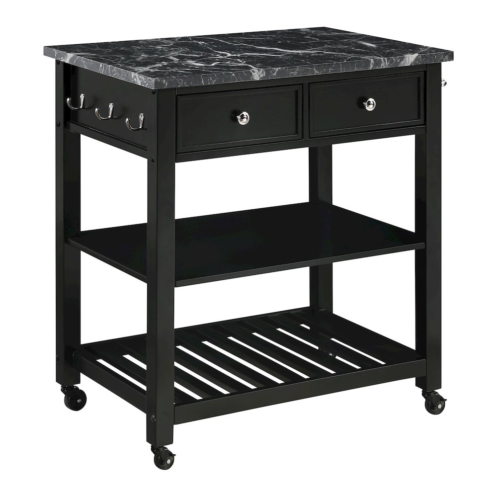 Litchfield Kitchen Cart With Faux Marble Top in Black Finish. Picture 1