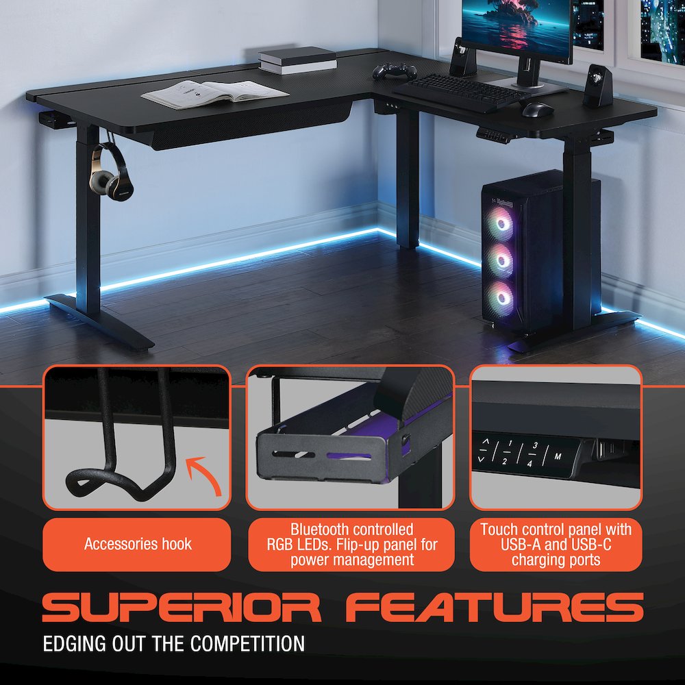 Kilo L-Shape Electric Lift Gaming Desk in Grey Carbon Fiber Finish. Picture 14