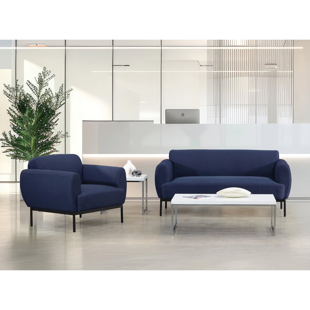 Delta Armchair in Navy Fabric with Black Metal Legs. Picture 8