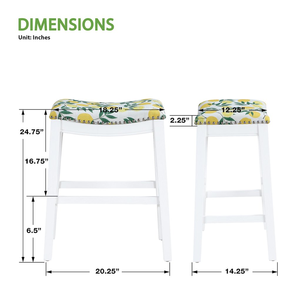Saddle Stool 24" in lemons Fabric With White Wood Finish 2-Pack. Picture 8