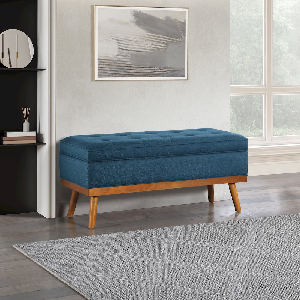 Katheryn Storage Bench in Azure Fabric with Spice Finish Legs. Picture 6