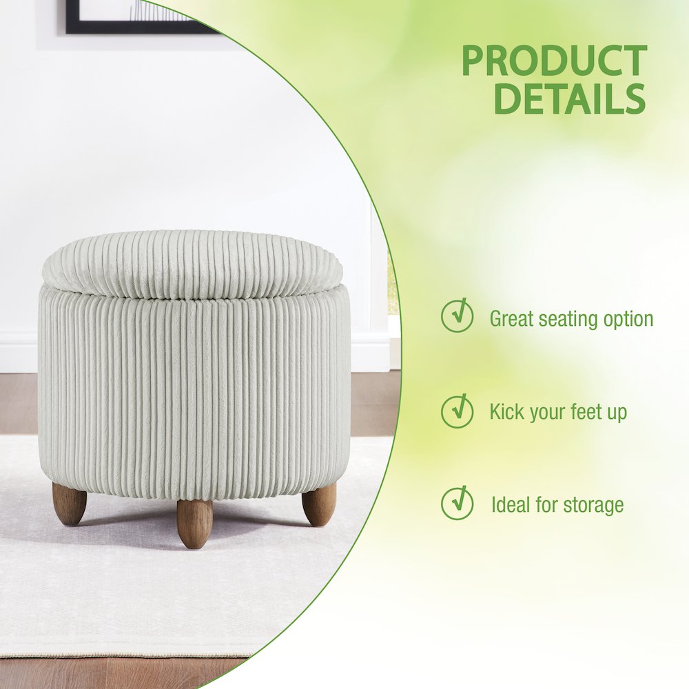 Lyra Storage Ottoman in Taupe Cord Fabric with Medium Oak Legs. Picture 7
