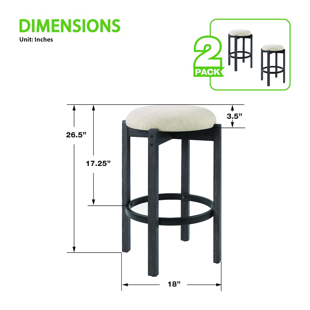 Melissa 26" Counter Stools 2-Pack With Cream Fabric Seat and Black Finish Wood. Picture 4