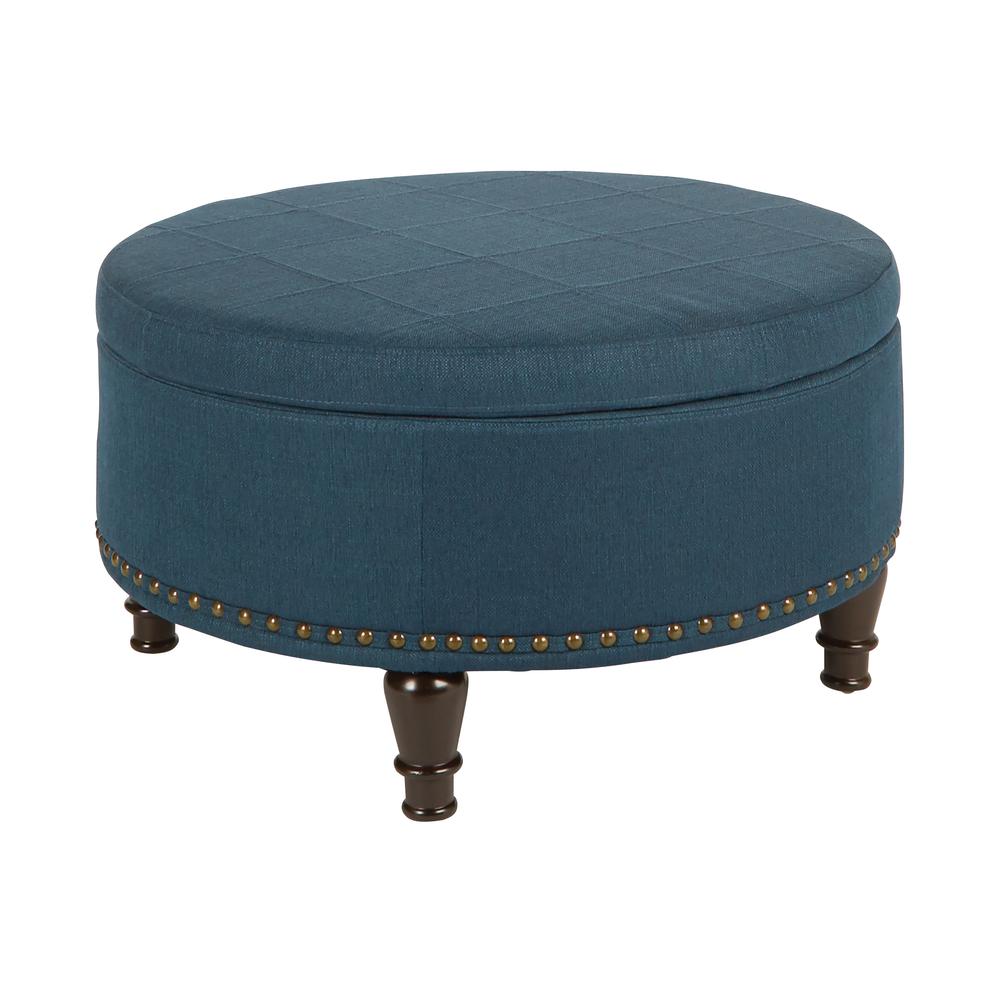 Augusta Round Storage Ottoman in Klein Azure Fabric  with decorative nailheads, BP-AUOT32-K14. Picture 1