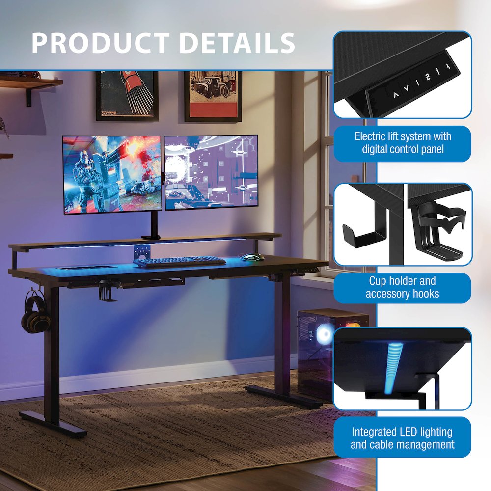 Primo 60" Electric Height Adjustable Gaming Desk with Hutch. Picture 12