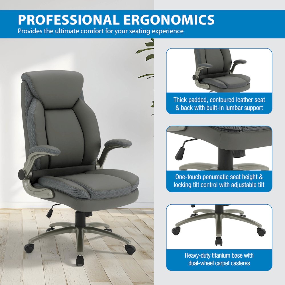 Grey Leather Big & Tall Chair with Padded Flip Arms and Titanium Base. Picture 11