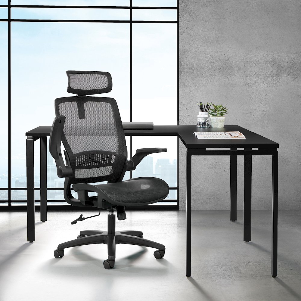 Managers Chair With Mesh Back And Seat And Adjustable Flip Arms And Headrest. Picture 10