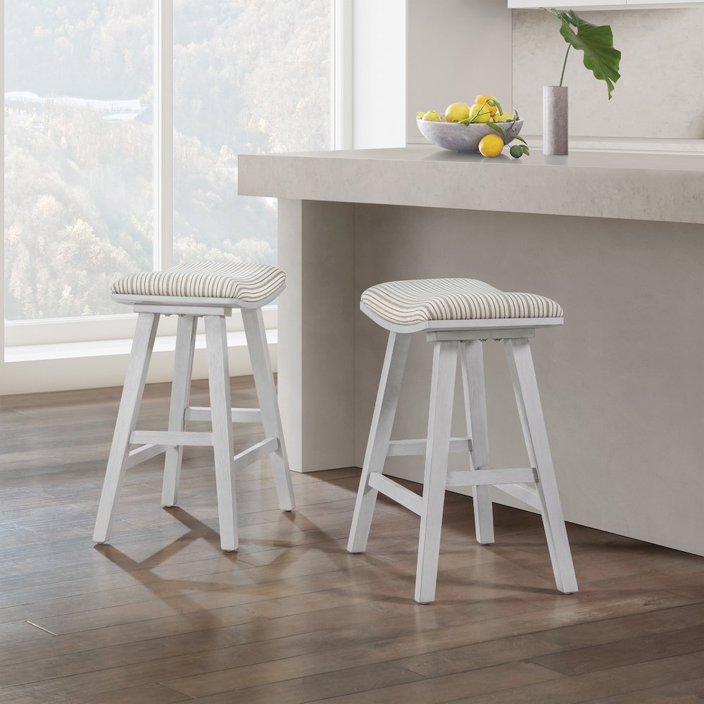 24" Saddle Stool 2-Pack With Cream Pin Stripe Fabric Seat And White Wash Frame. Picture 8