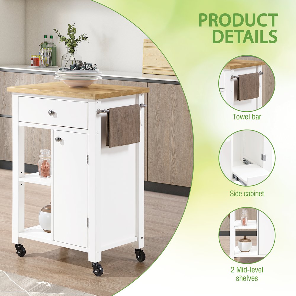 Derry Kitchen Cart with Natural Butcher Block Top With White Finish. Picture 12