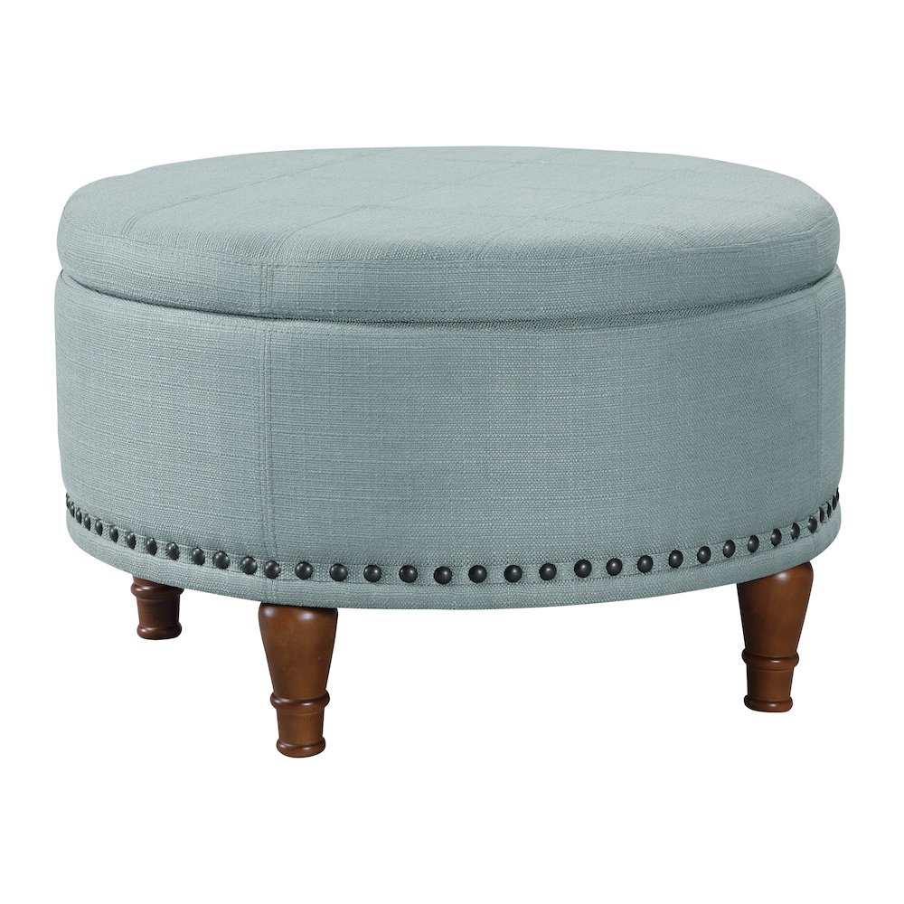 Alloway Storage Ottoman in Sea Blue Fabric with Antique Bronze Nailheads. Picture 1