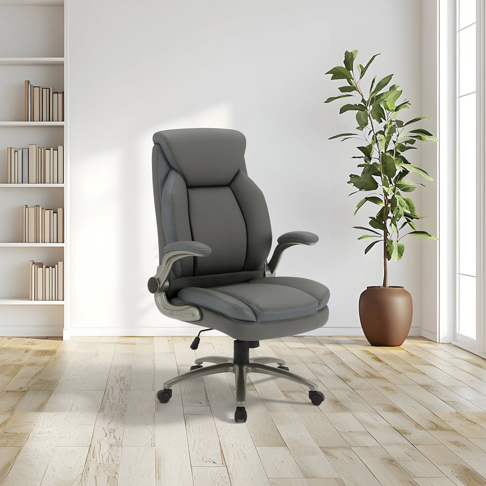 Grey Leather Big & Tall Chair with Padded Flip Arms and Titanium Base. Picture 2