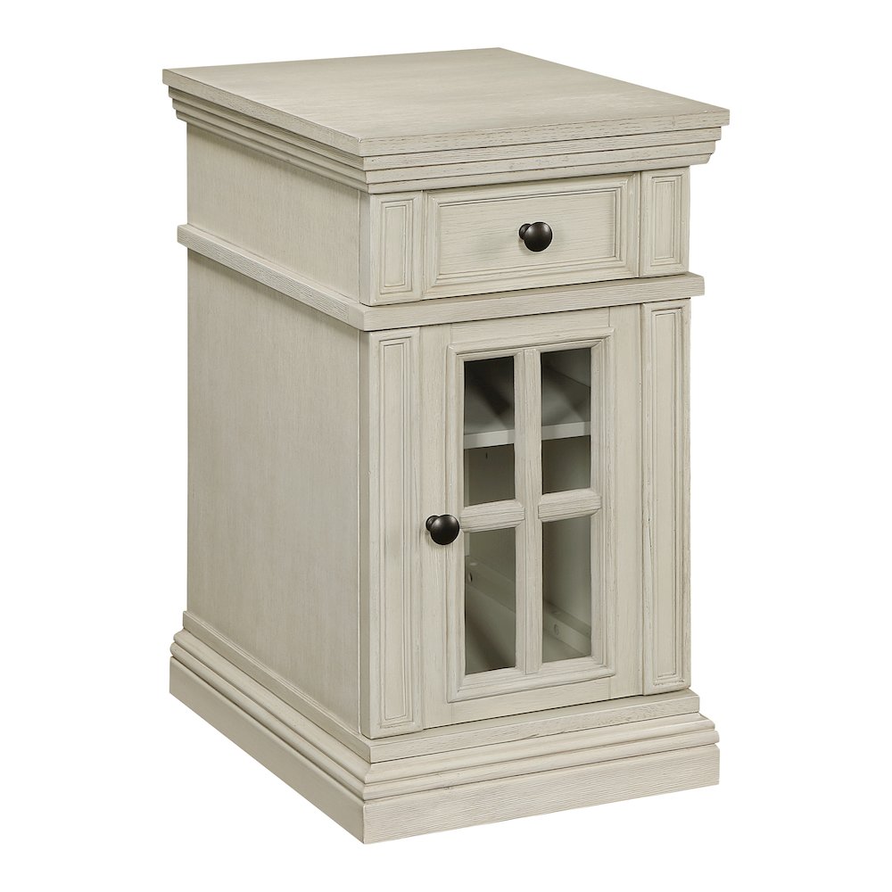 Chair Side Table with 1 Drawer and 1 Glass Door with Power Strip in White Finish. Picture 2