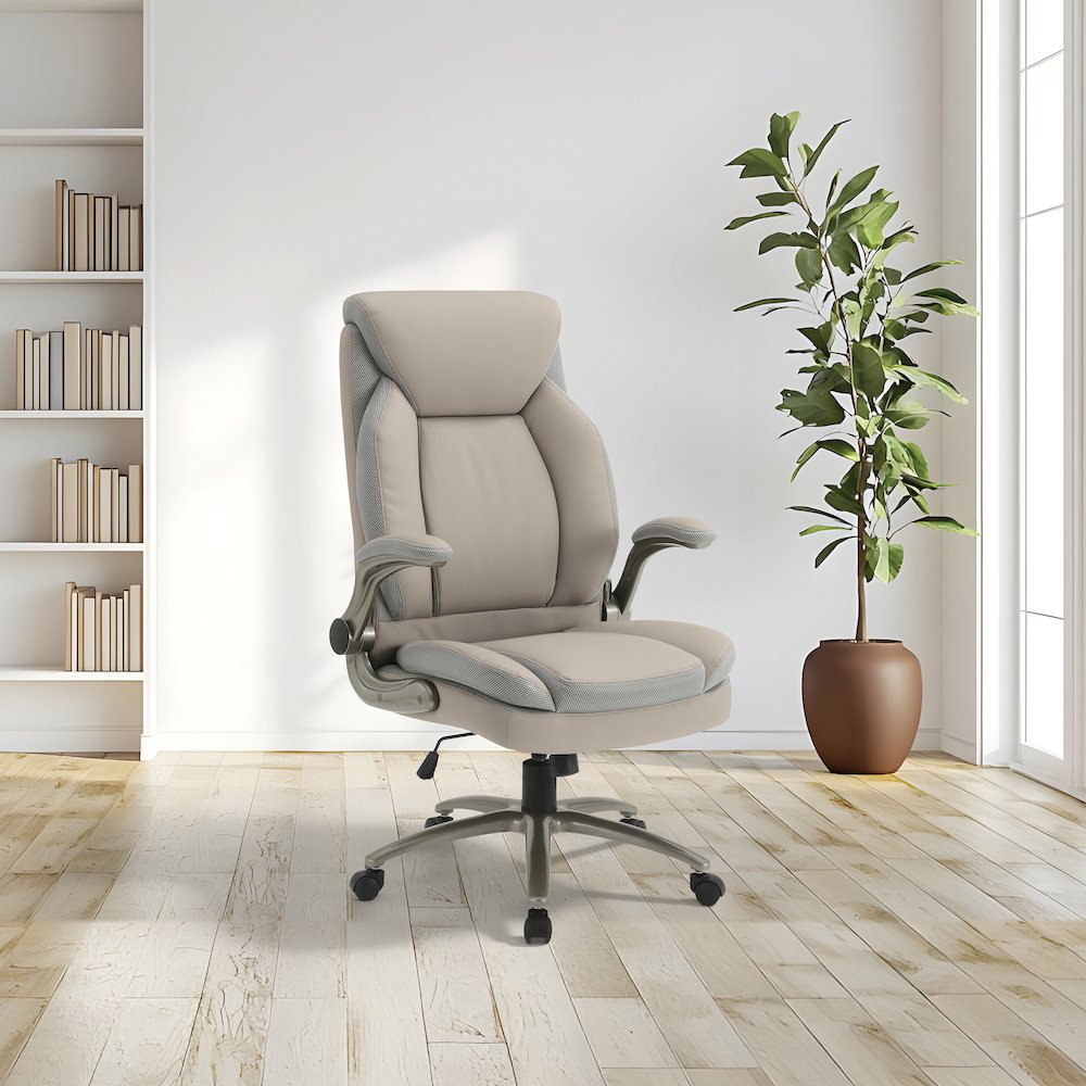 Taupe Leather Big & Tall Chair with Padded Flip Arms and Titanium Base. Picture 2