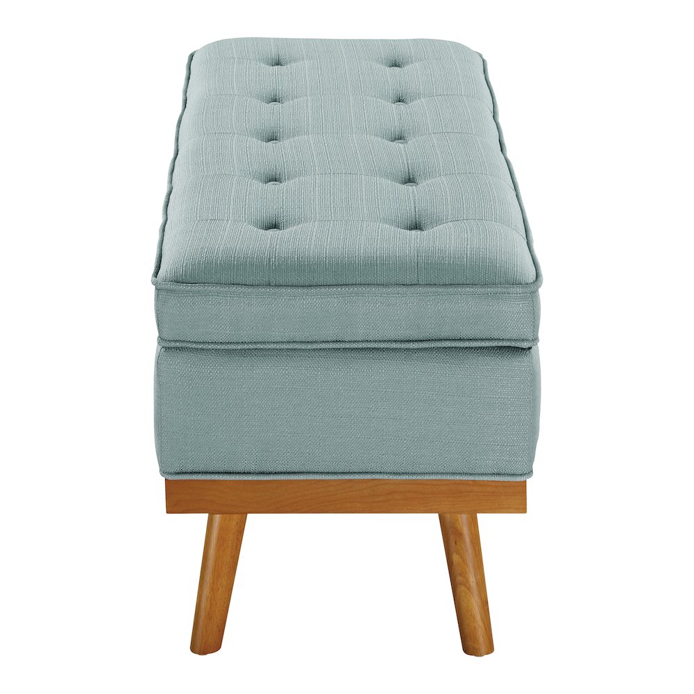 Katheryn Storage Bench in Sea Blue Fabric with Spice Finish Legs. Picture 3