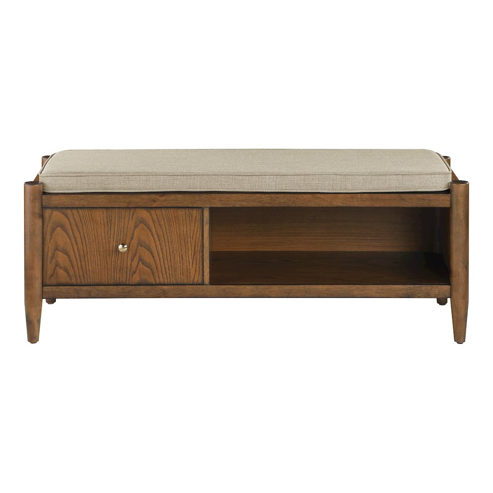 Marilyn Storage Bench with Walnut Wood finished and Brown Fabric Padded seat. Picture 2