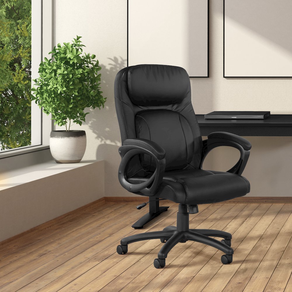 BlackFaux Leather Manager’s Chair with Padded Arms and Black Nylon Base. Picture 2