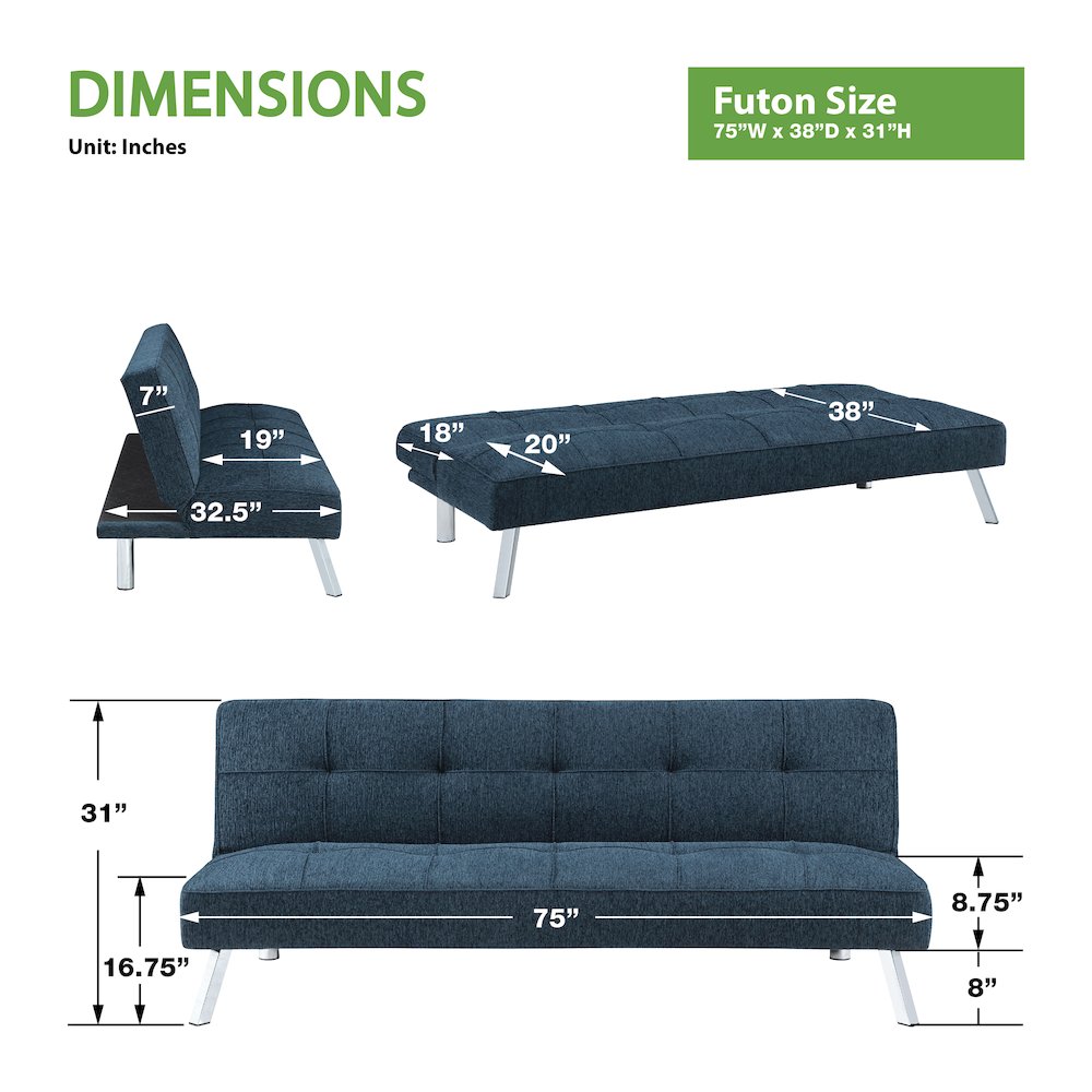 Kenneth Futon in Indigo Fabric and Chrome Legs. Picture 4
