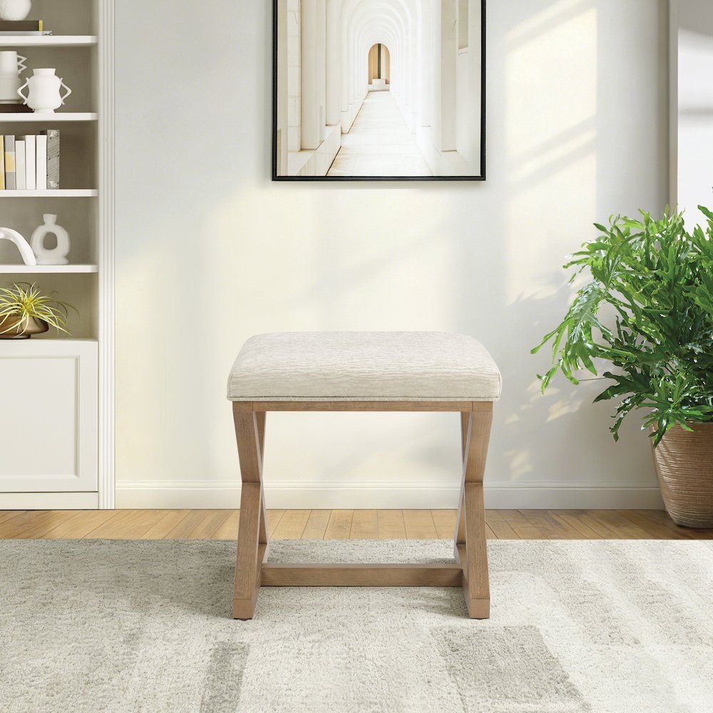 Carson X-Frame Stool in Linen Fabric and Medium Oak Finish Wood. Picture 8