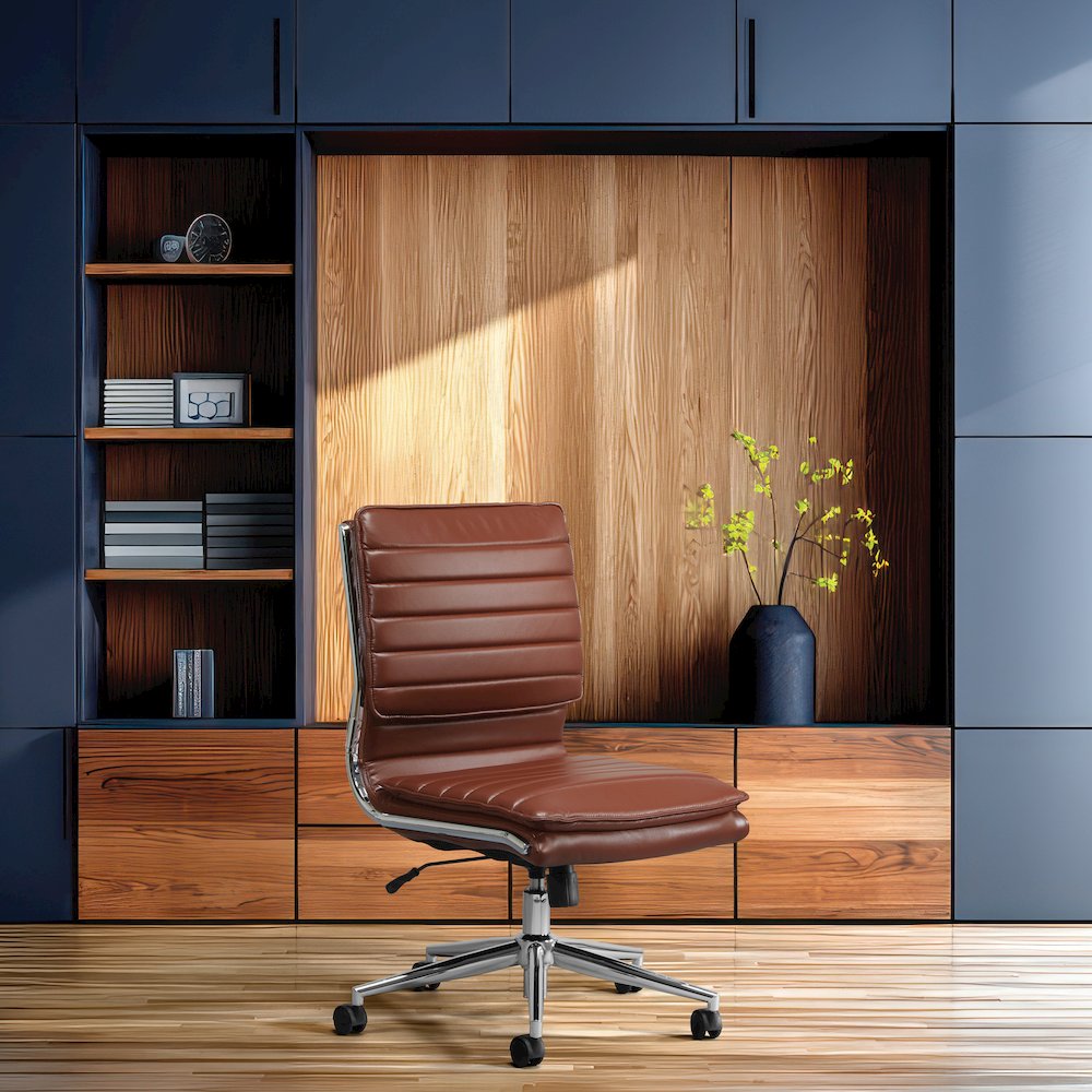 Armless Mid-Back Manager's Faux Leather Chair in Saddle, Chrome Base. Picture 2