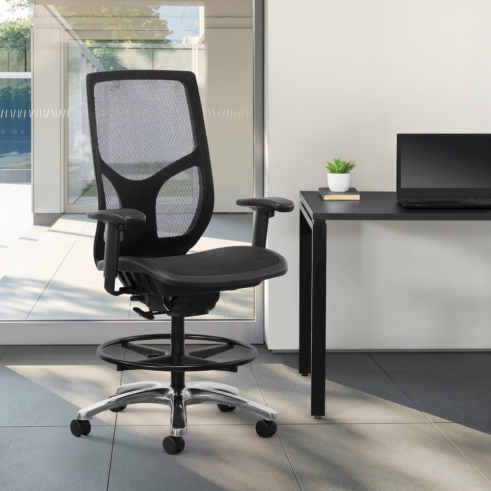 ProGrid Mesh Back Drafting Chair with Black Mesh Seat, PU Padded. Picture 2