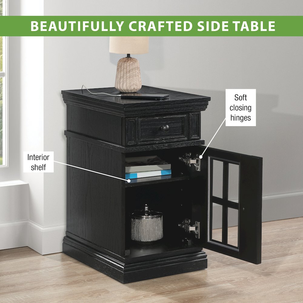 Chair Side Table with 1 Drawer and 1 Glass Door with Power Strip in Black Finish. Picture 14