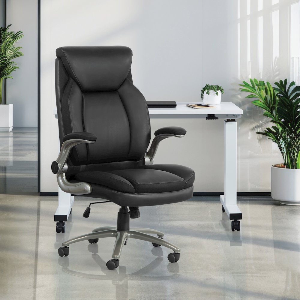 Black Leather Big & Tall Chair with Padded Flip Arms and Titanium Base. Picture 2