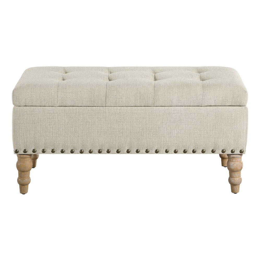 Woodbury Storage Bench in Linen with Antique Bronze Nail Heads with Brushed Legs. Picture 2