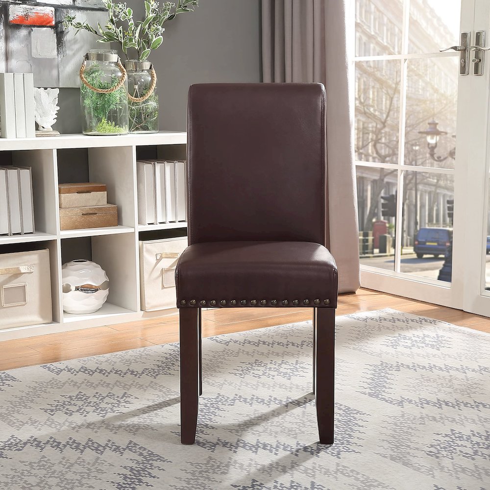 Parsons Chair with Antique Bronze Nail Heads in Cocoa Faux Leather. Picture 5