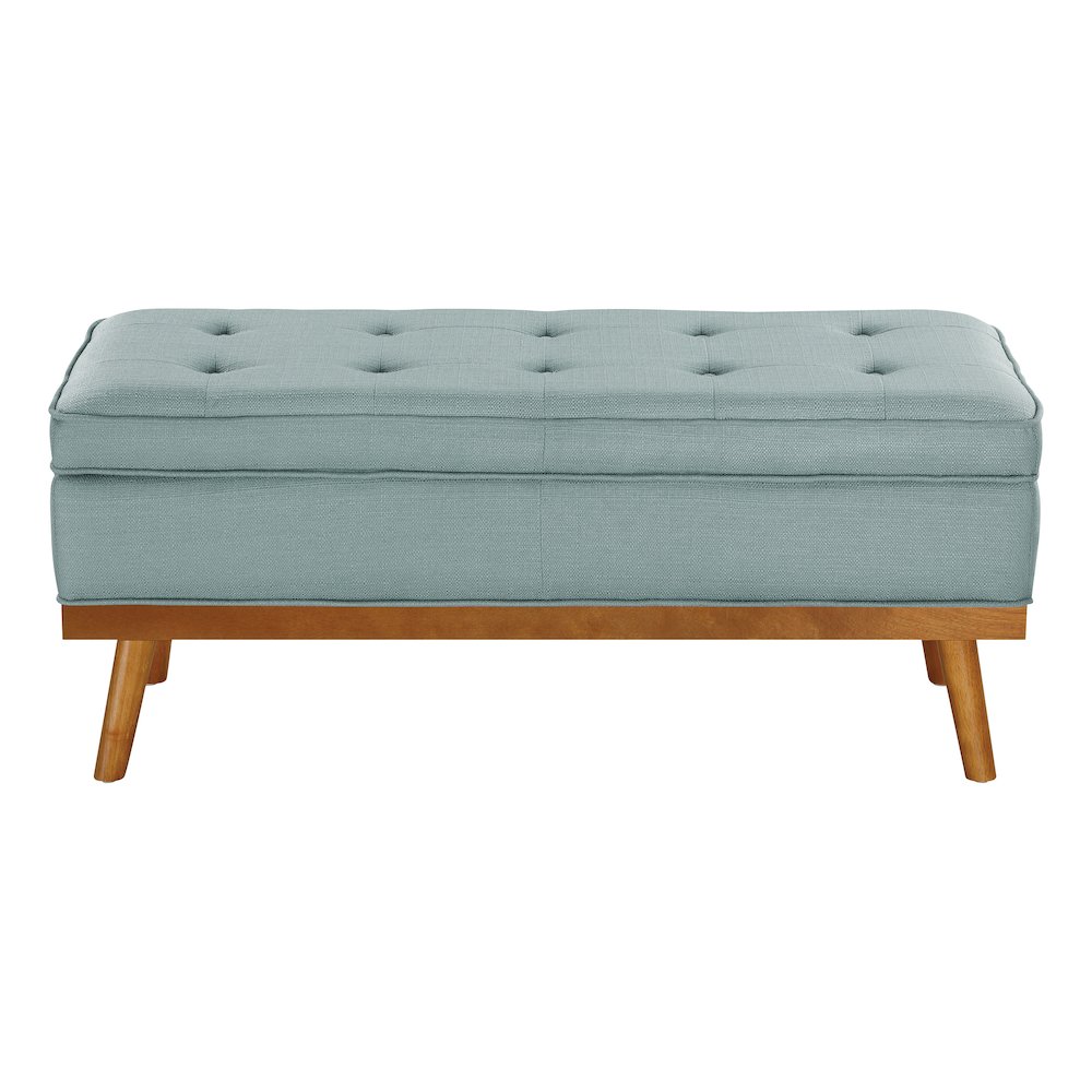 Katheryn Storage Bench in Sea Blue Fabric with Spice Finish Legs. Picture 2