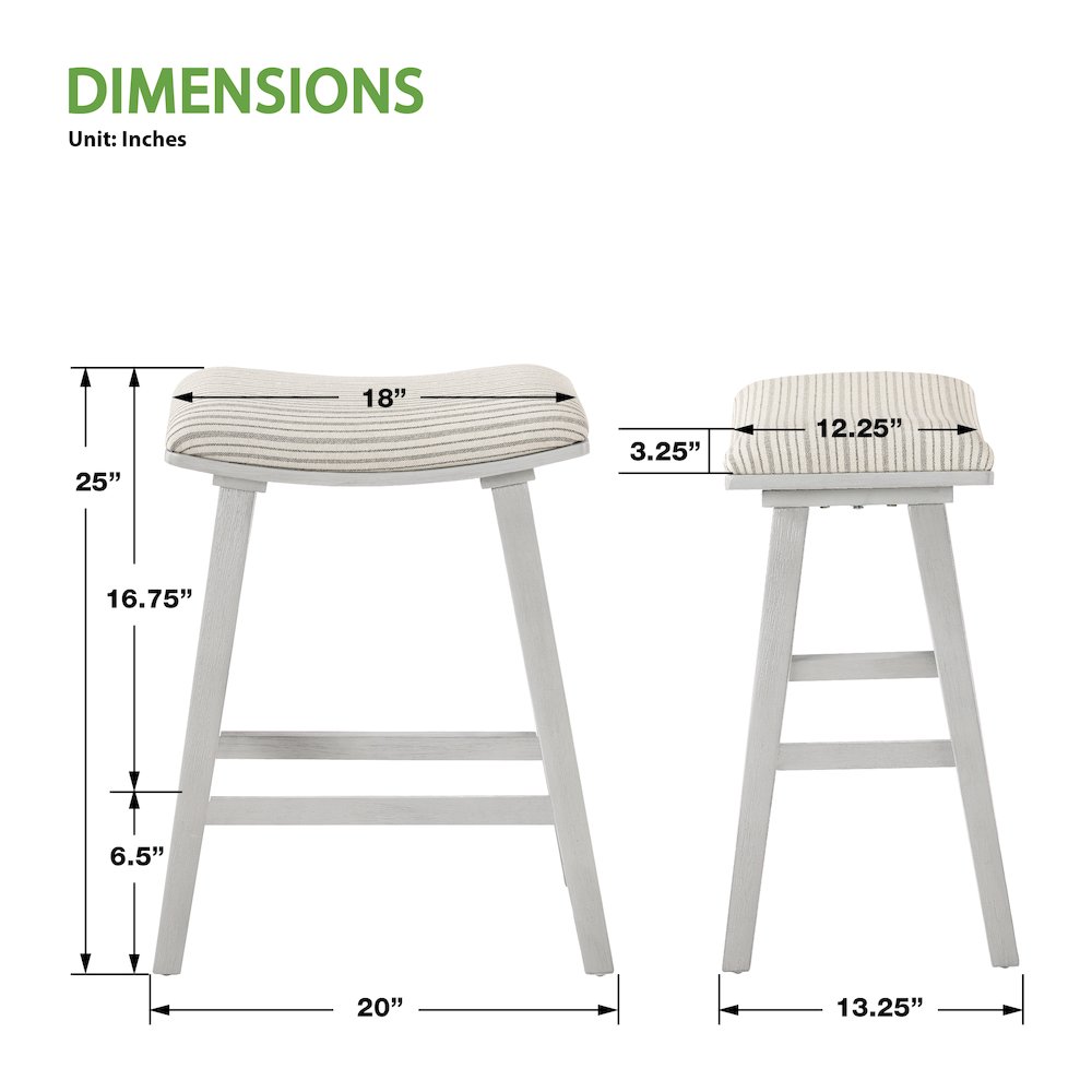 24" Saddle Stool 2-Pack With Cream Pin Stripe Fabric Seat And White Wash Frame. Picture 3