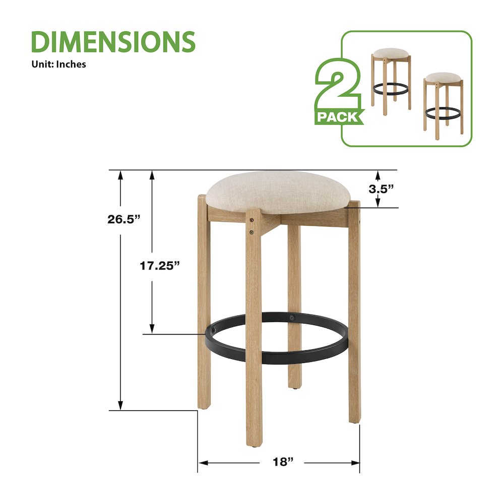 Melissa 26" Counter Stools 2-Pack With Cream Fabric Seat and Natural Finish Wood. Picture 4
