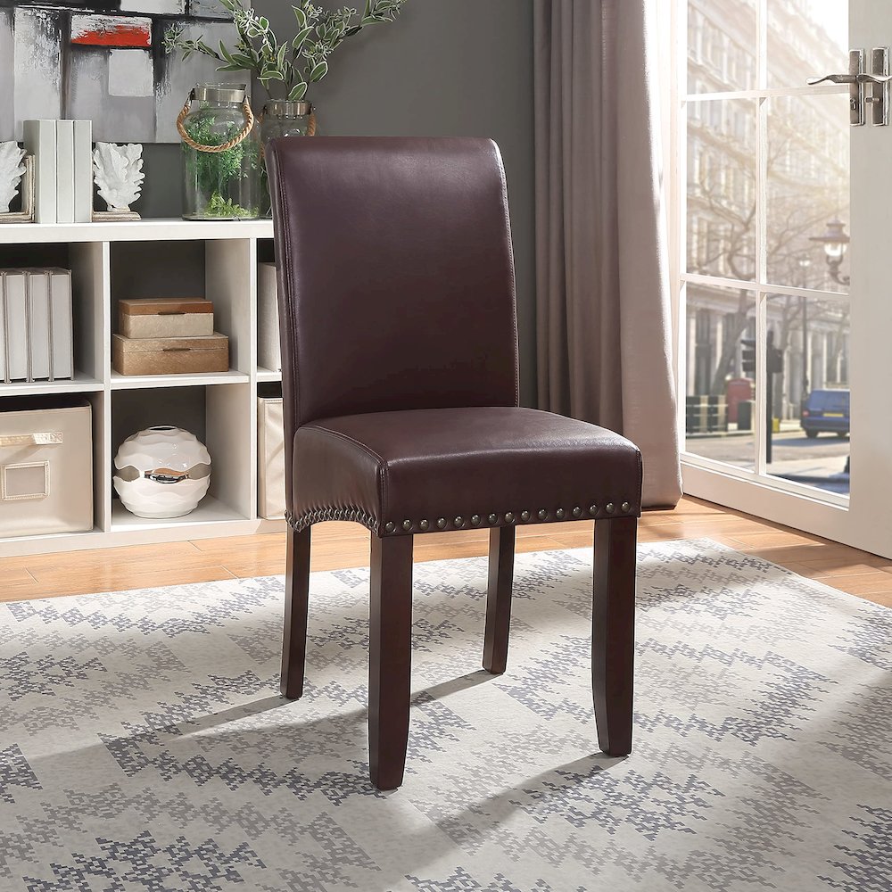 Parsons Chair with Antique Bronze Nail Heads in Cocoa Faux Leather. Picture 6