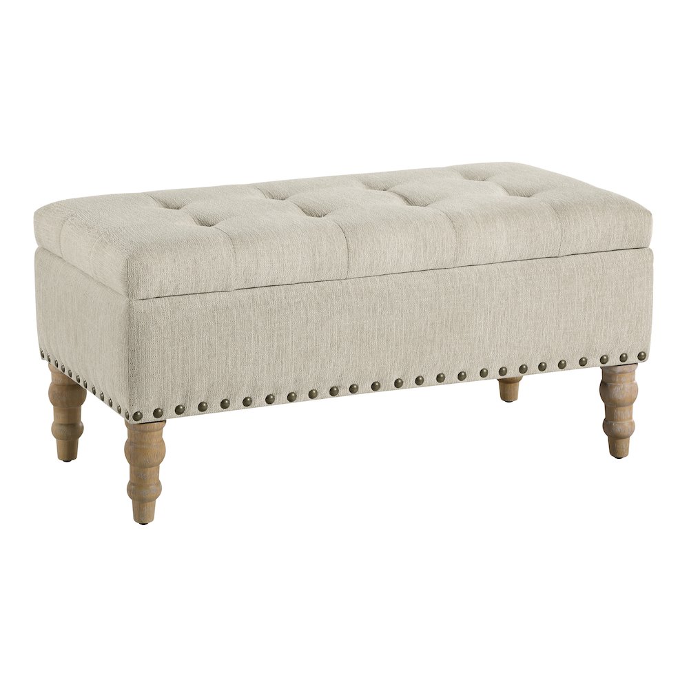 Woodbury Storage Bench in Linen with Antique Bronze Nail Heads with Brushed Legs. Picture 1