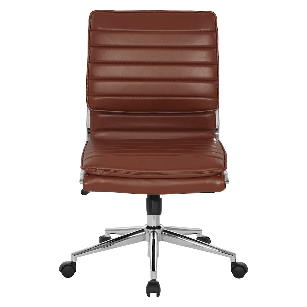 Armless Mid-Back Manager's Faux Leather Chair in Saddle, Chrome Base. Picture 3