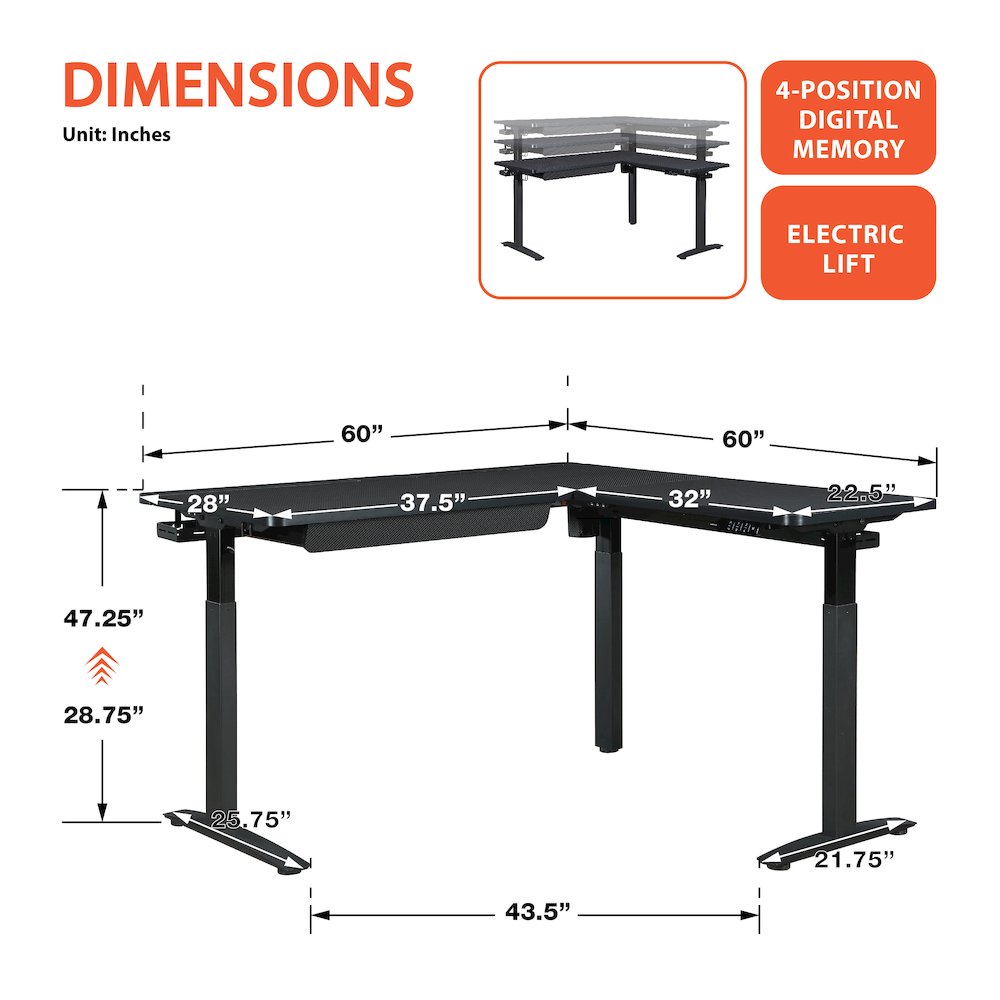 Kilo L-Shape Electric Lift Gaming Desk in Grey Carbon Fiber Finish. Picture 4