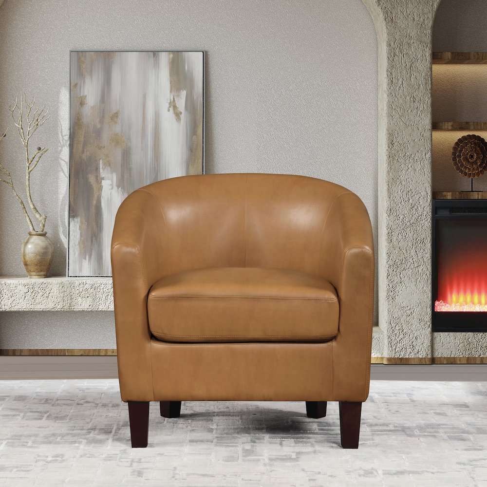 Ethan Tub Chair in Camel Faux Leather with Dark Espresso Wood Legs. Picture 7