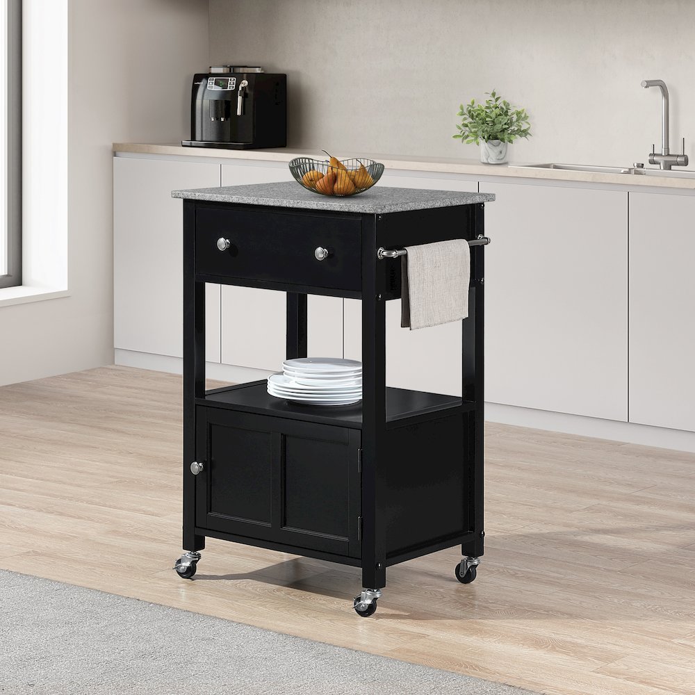 Fairfax Kitchen Cart with Granite Top and Black Base. Picture 8