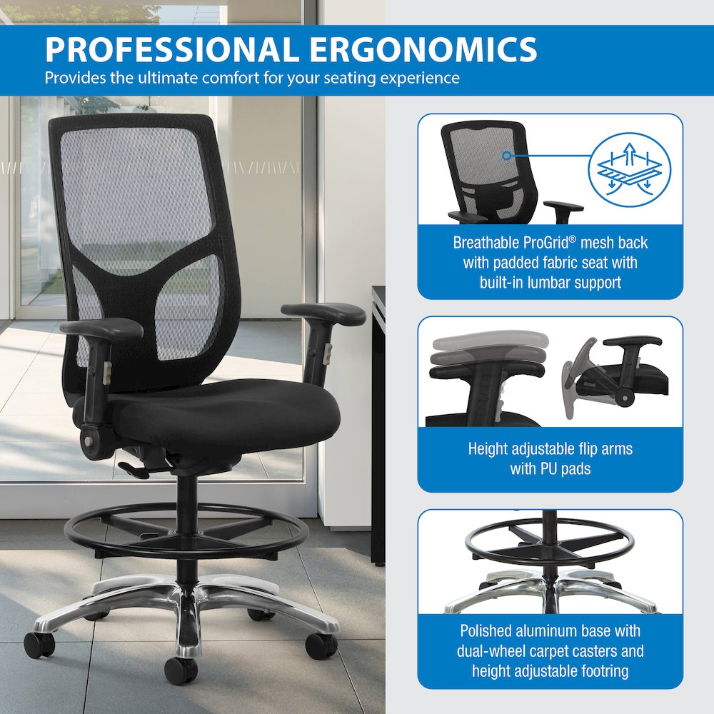 ProGrid Mesh Back Drafting Chair in  FreFlex Coal Fabric with Padded Seat. Picture 11