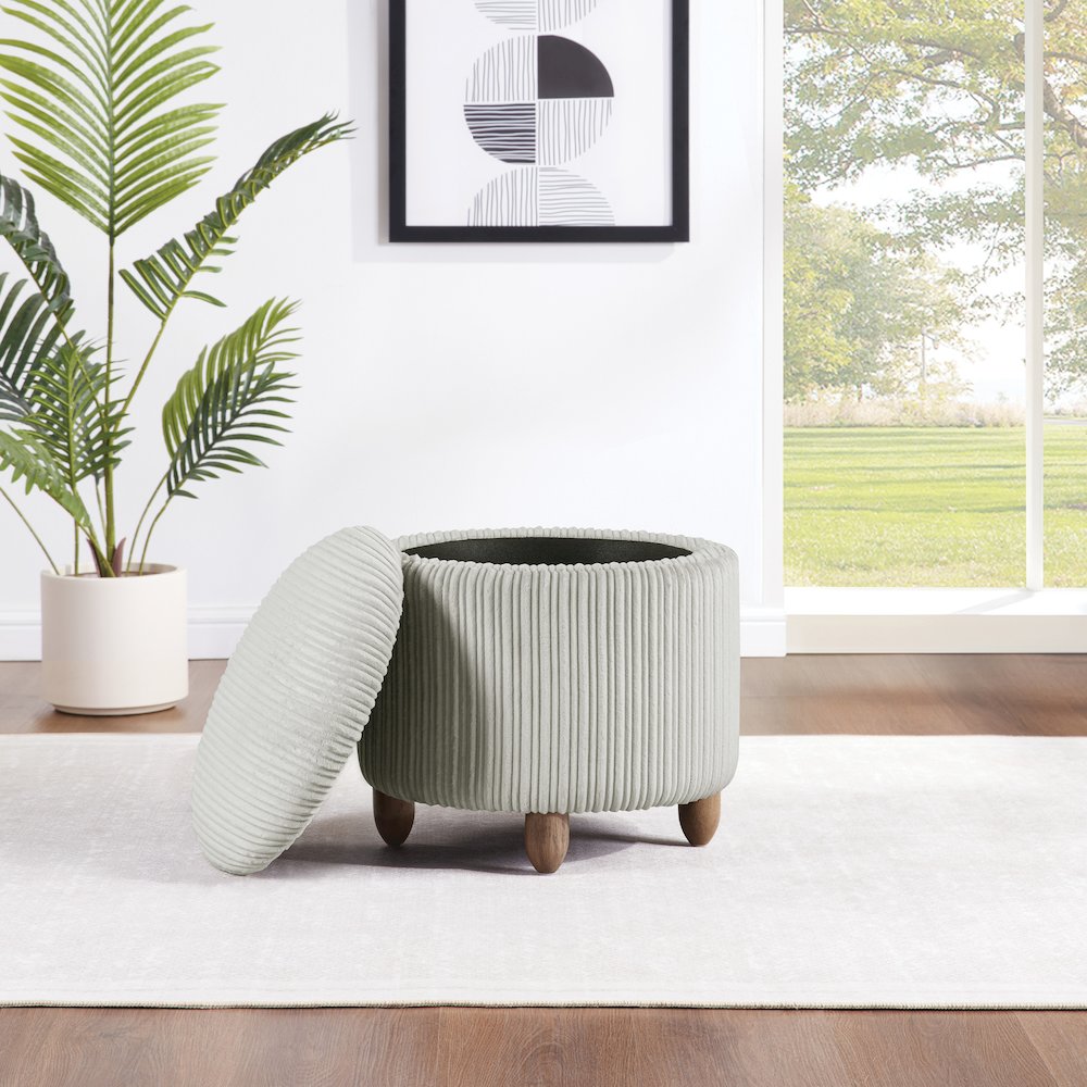 Lyra Storage Ottoman in Taupe Cord Fabric with Medium Oak Legs. Picture 6