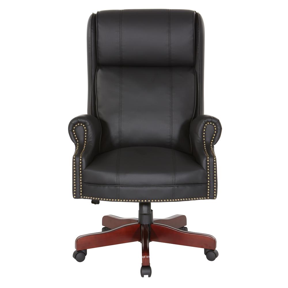 Traditional Executive High Back Chair with Black Vinyl and Brass Finish Nail Trim Upholstery, TEX280-3. Picture 3