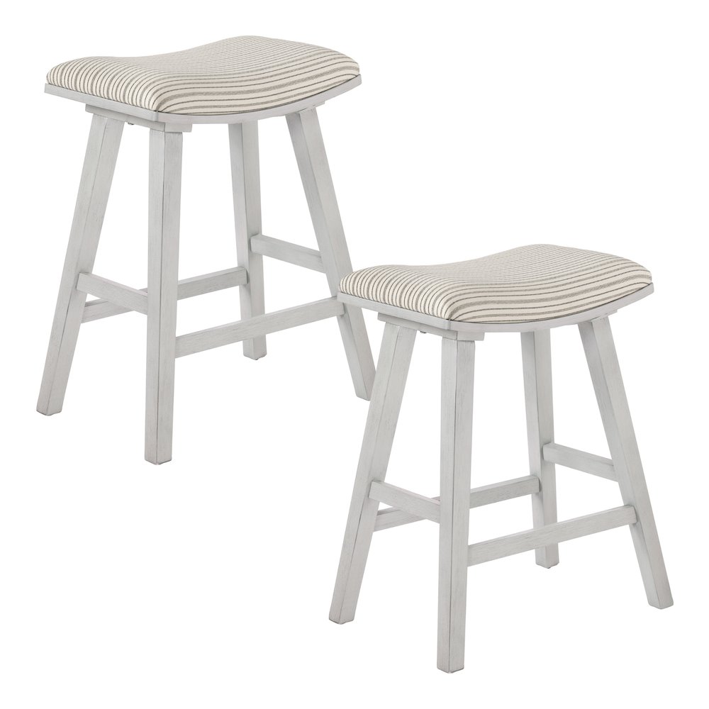 24" Saddle Stool 2-Pack With Cream Pin Stripe Fabric Seat And White Wash Frame. Picture 1