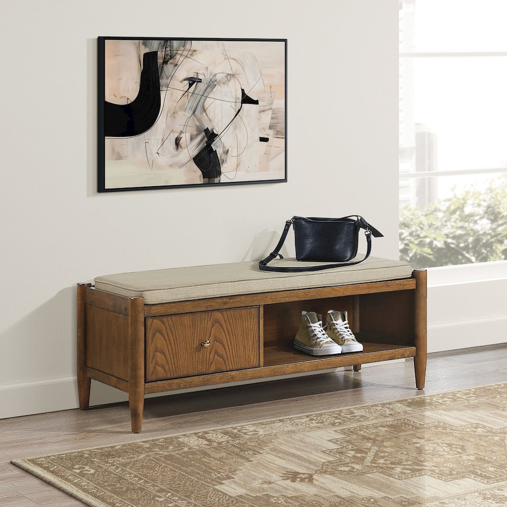 Marilyn Storage Bench with Walnut Wood finished and Brown Fabric Padded seat. Picture 8
