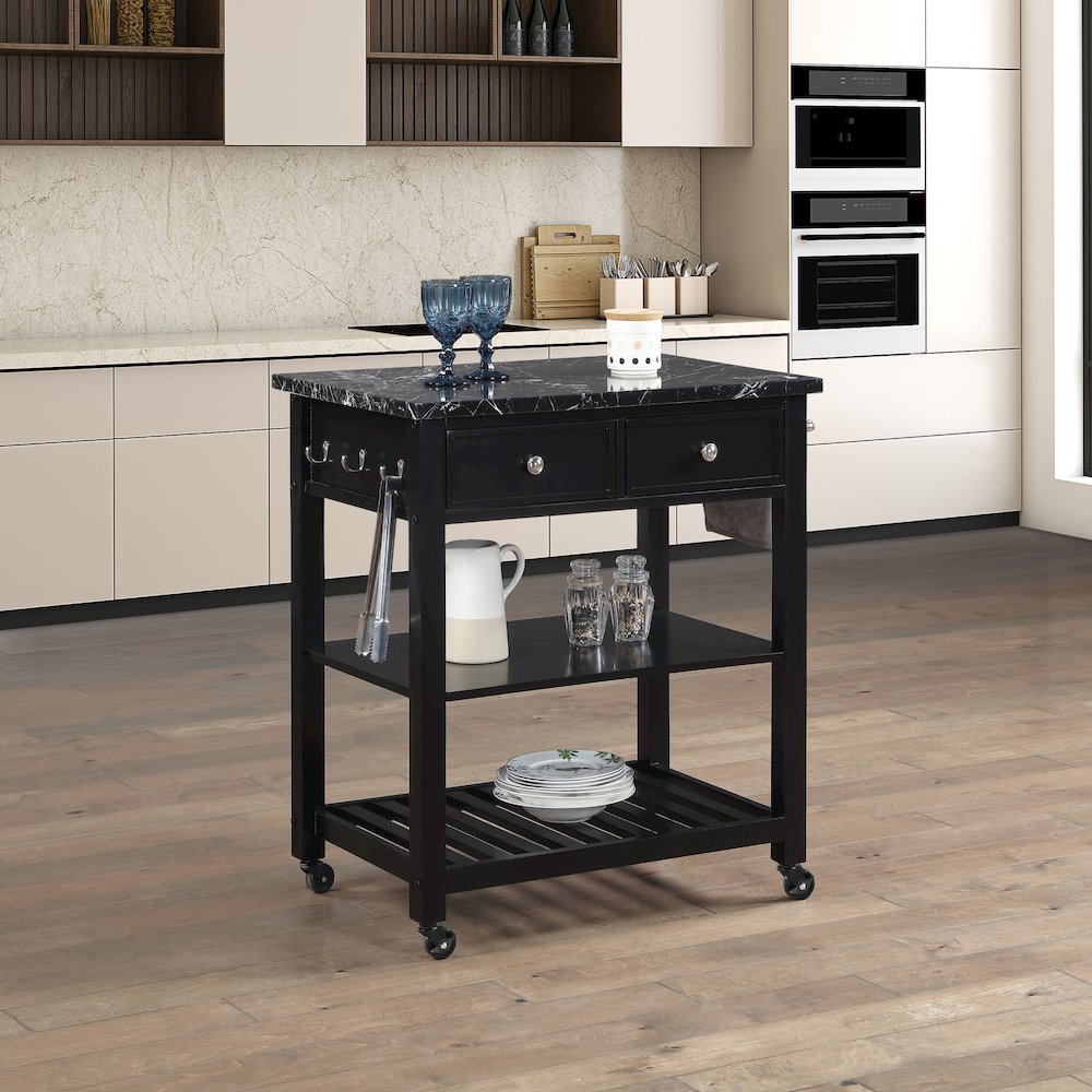 Litchfield Kitchen Cart With Faux Marble Top in Black Finish. Picture 9