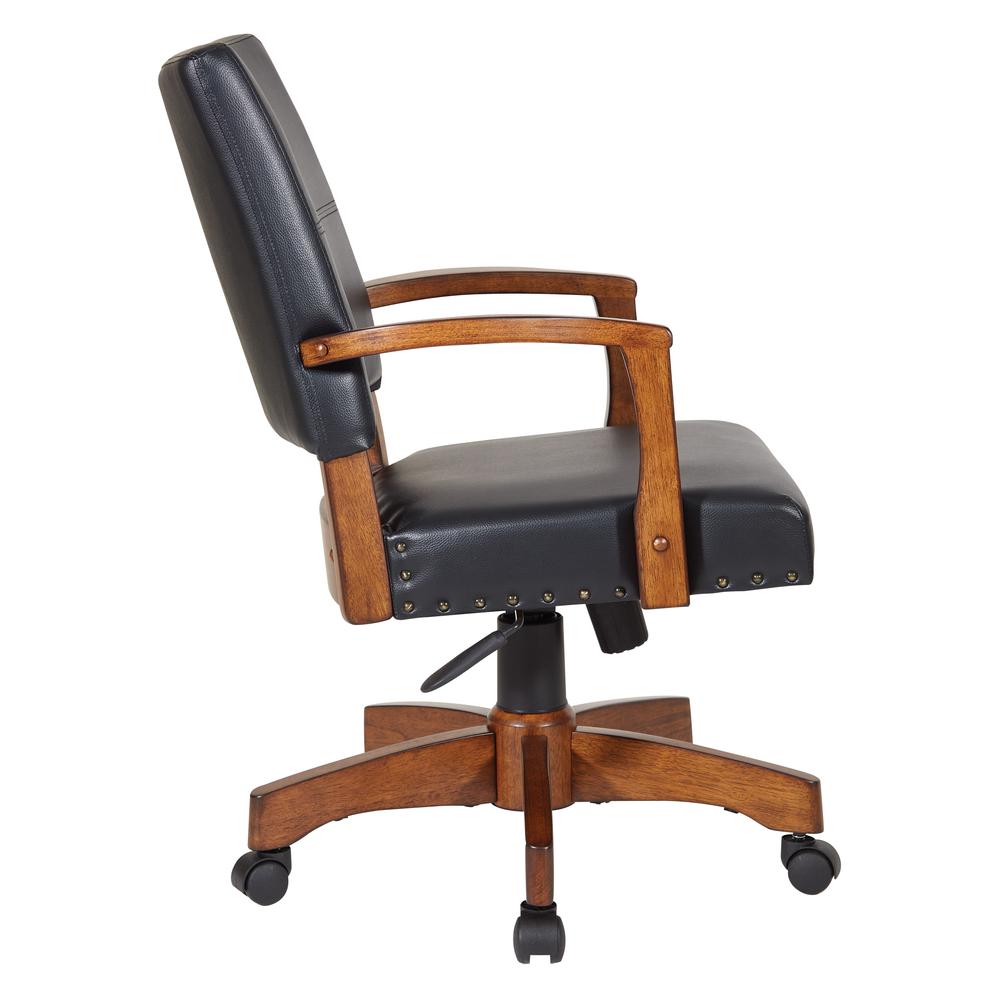 Deluxe Wood Bankers Chair in Black Faux Leather with Antique Bronze Nailheads and Medium Brown Wood, 109MB-BK. Picture 3