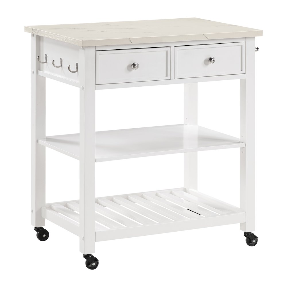 Litchfield Kitchen Cart With Faux Marble Top in White Finish. Picture 1