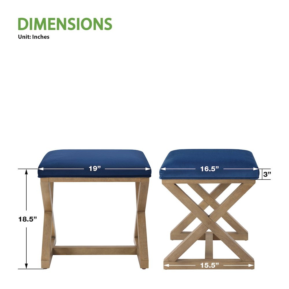 Carson X-Frame Stool in Navy Fabric and Medium Oak Finish Wood. Picture 3