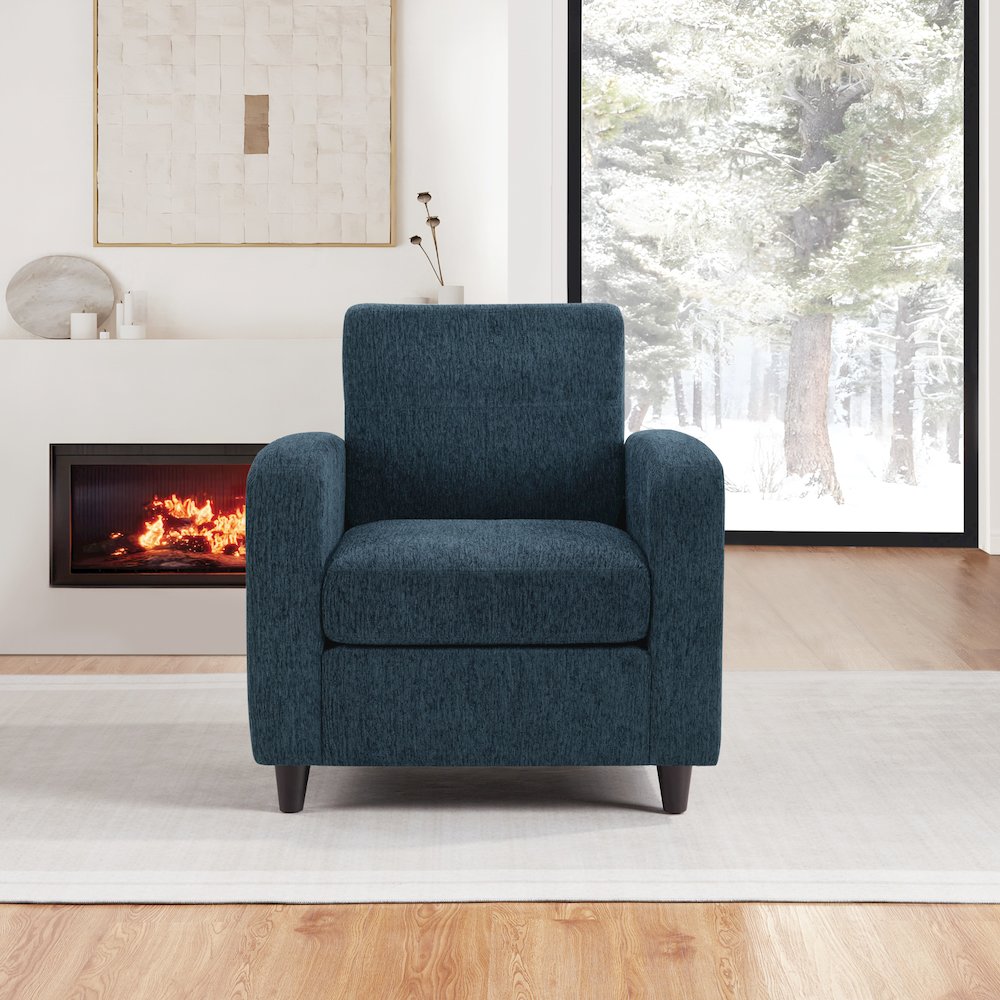 Venus Club Chair in Indigo Fabric and Medium Espresso Legs. Picture 8