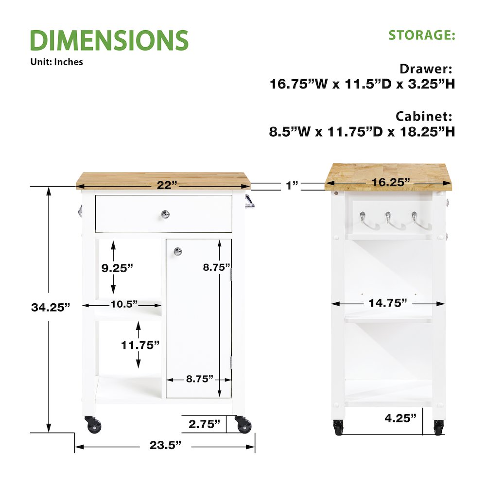 Derry Kitchen Cart with Natural Butcher Block Top With White Finish. Picture 8